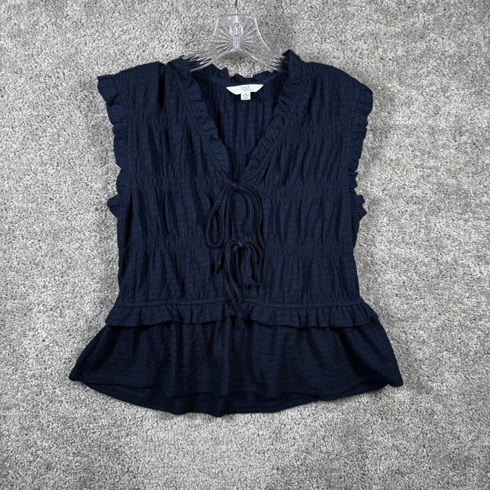 Time and Tru Navy Smocked Peplum Ruffle Tie Front Tank Top Womens Medium 8-10